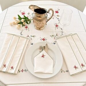 Vintage Hand Embroidered Linen Cross Stitch Tablecloth 7 Napkins Floral 63 x 63